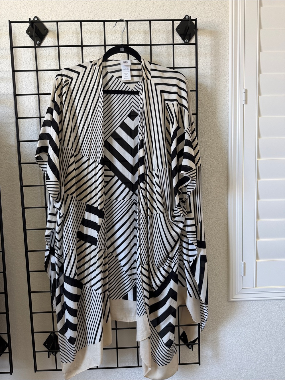 CAbi Black & White Striped Geometric Poncho Shrug